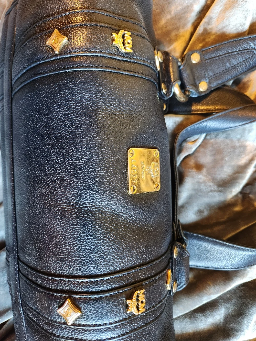 MCM Black Leather Barrel Bag with Gold Hardware